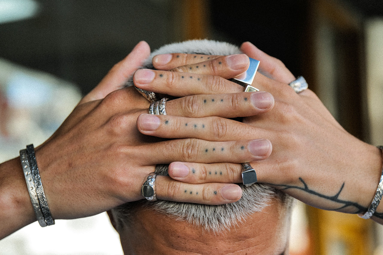  SS24/25 Raw Essentials Range jewelry photo featuring handcrafted 925 recycled silver pieces